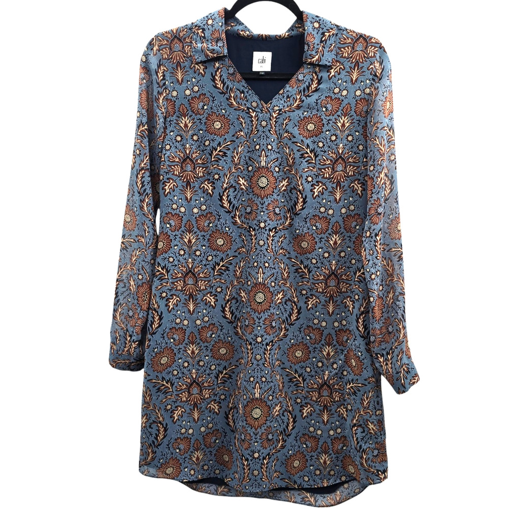 Cabi Dress Womens XS Blue Floral Provincial Long Sleeve Cottagecore Earthy Work